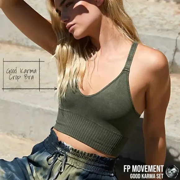 FP MOVEMENT GOOD KARMA SET: CROP TANK BRA + FLARE LEGGINGS IN MUSHROOM & GREEN - Picture 6 of 15